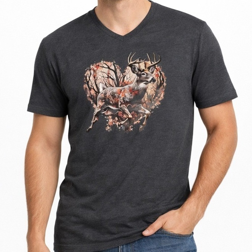 George Mens V-Neck Graphic Tee Heather Charcoal Gray Deer Heart‎ Buck Size M